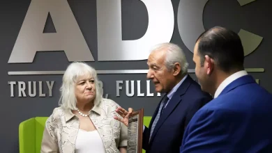 ADC Chair Dr. Safa Rifka, center, thanks Diane Shammas during the opening of the civil rights group’s new Anaheim office. (James Carbone)